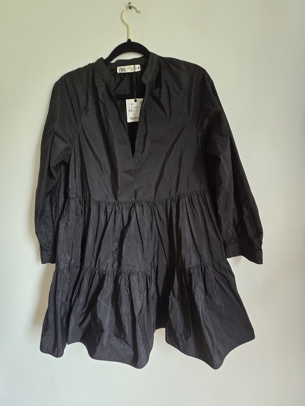 Zara Taffeta Tiered Babydoll Dress Women'sl Black Romantic Feminine Retro.